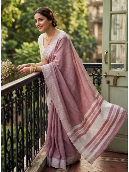 Women's Linen Striped Saree With Unstitched Blouse 5.5Mtr (Magenta)