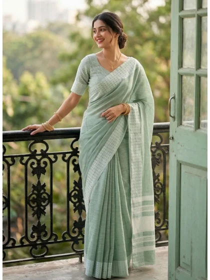 Women's Linen Striped Saree With Unstitched Blouse 5.5Mtr (Sea Green)