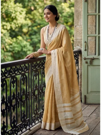 Women's Linen Striped Saree With Unstitched Blouse 5.5Mtr (Mustard Yellow)