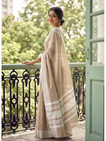 Women's Linen Striped Saree With Unstitched Blouse 5.5Mtr (Lite Brown)
