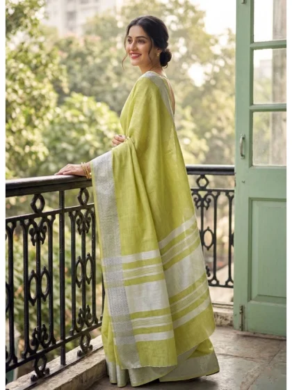 Women's Linen Striped Saree With Unstitched Blouse 5.5Mtr (Light Green)