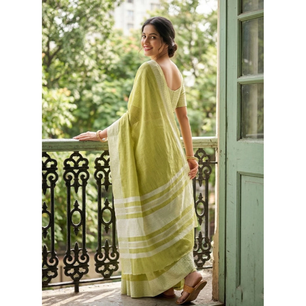 Women's Linen Striped Saree With Unstitched Blouse 5.5Mtr (Light Green) - Image 3