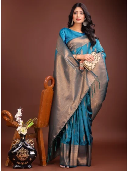 Women's Banarasi Silk Printed Saree With Unstitched Blouse 5.5Mtr (Blue)