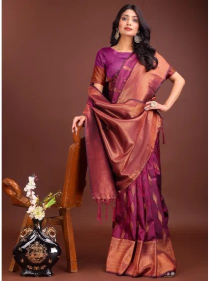 Women's Banarasi Silk Printed Saree With Unstitched Blouse 5.5Mtr (Purple)