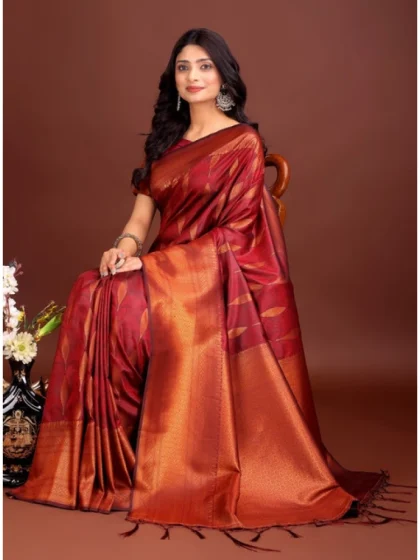 Women's Banarasi Silk Printed Saree With Unstitched Blouse 5.5Mtr (Maroon)