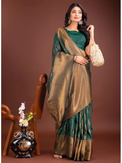 Women's Banarasi Silk Printed Saree With Unstitched Blouse 5.5Mtr (Green)