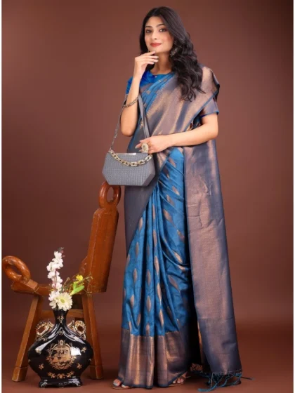 Women's Banarasi Silk Printed Saree With Unstitched Blouse 5.5Mtr (Royal Blue)