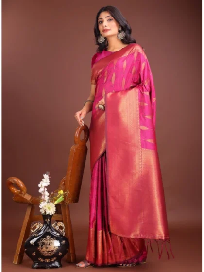 Women's Banarasi Silk Printed Saree With Unstitched Blouse 5.5Mtr (Magenta)