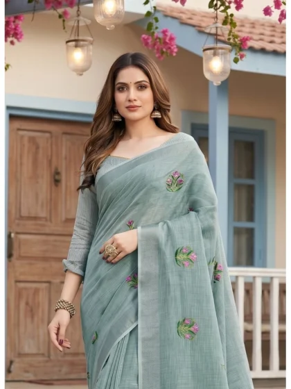 Women's Linen Embroidered Saree With Unstitched Blouse 5.5Mtr (Sea Green)