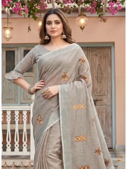Women's Linen Embroidered Saree With Unstitched Blouse 5.5Mtr (Light Beige)