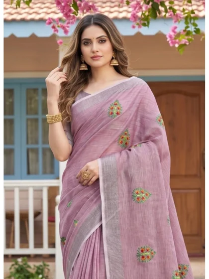 Women's Linen Embroidered Saree With Unstitched Blouse 5.5Mtr (Light Purple)