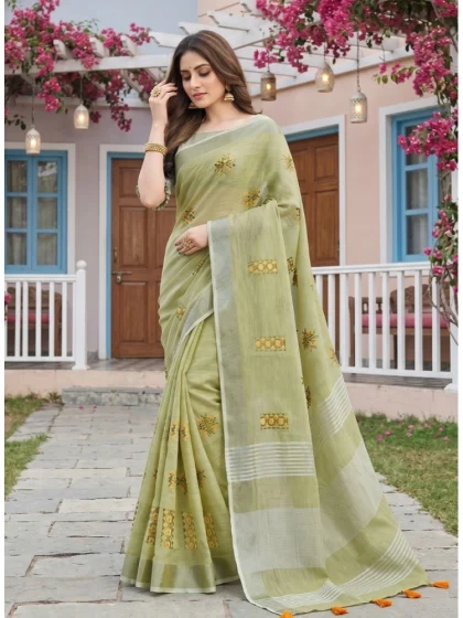 Women's Linen Embroidered Saree With Unstitched Blouse 5.5Mtr (Light Green)