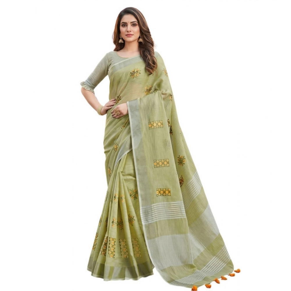 Women's Linen Embroidered Saree With Unstitched Blouse 5.5Mtr (Light Green) - Image 2