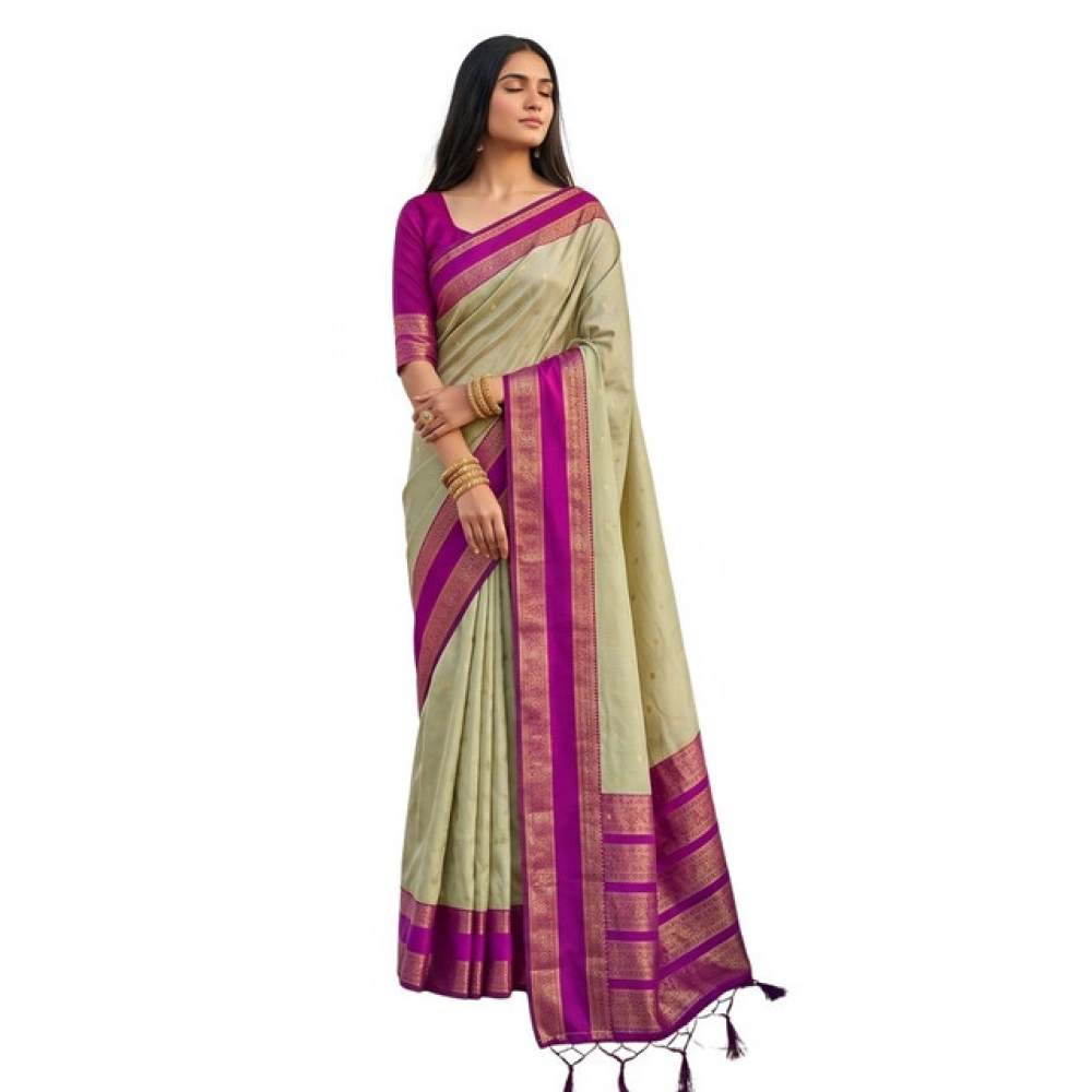 Women's Silk Blend Printed Saree With Unstitched Blouse 5.5Mtr (Light Green-Pink) - Image 2