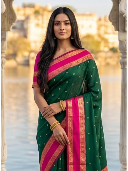 Women's Silk Blend Printed Saree With Unstitched Blouse 5.5Mtr (Dark Green-Pink)