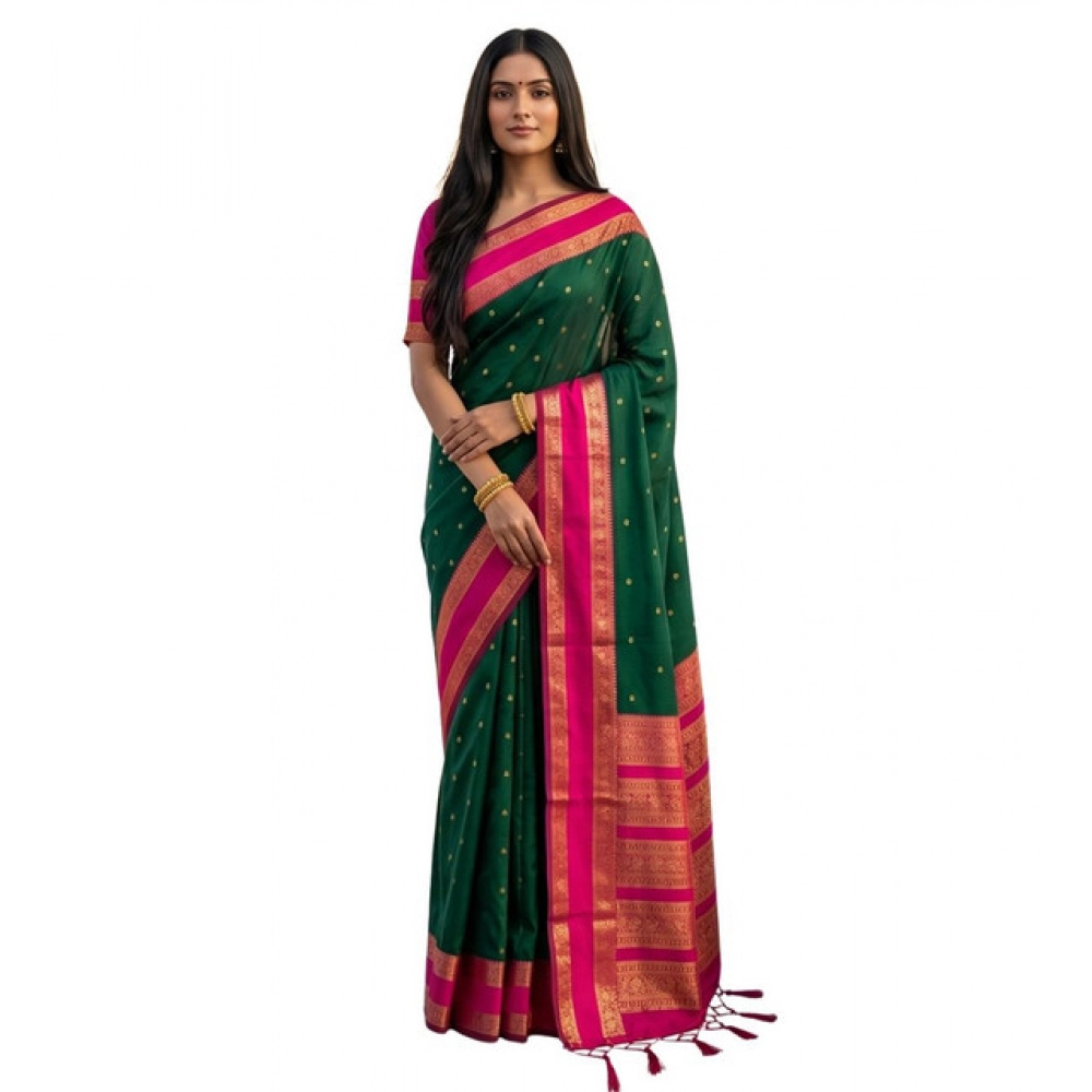 Women's Silk Blend Printed Saree With Unstitched Blouse 5.5Mtr (Dark Green-Pink) - Image 2