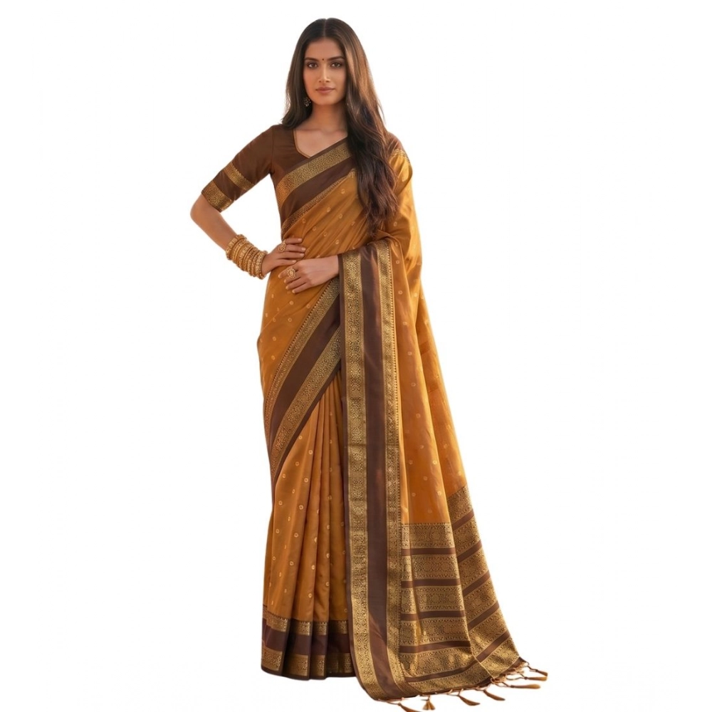 Women's Silk Blend Printed Saree With Unstitched Blouse 5.5Mtr (Mustard-Brown) - Image 2