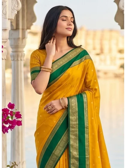 Women's Silk Blend Printed Saree With Unstitched Blouse 5.5Mtr (Yellow-Green)