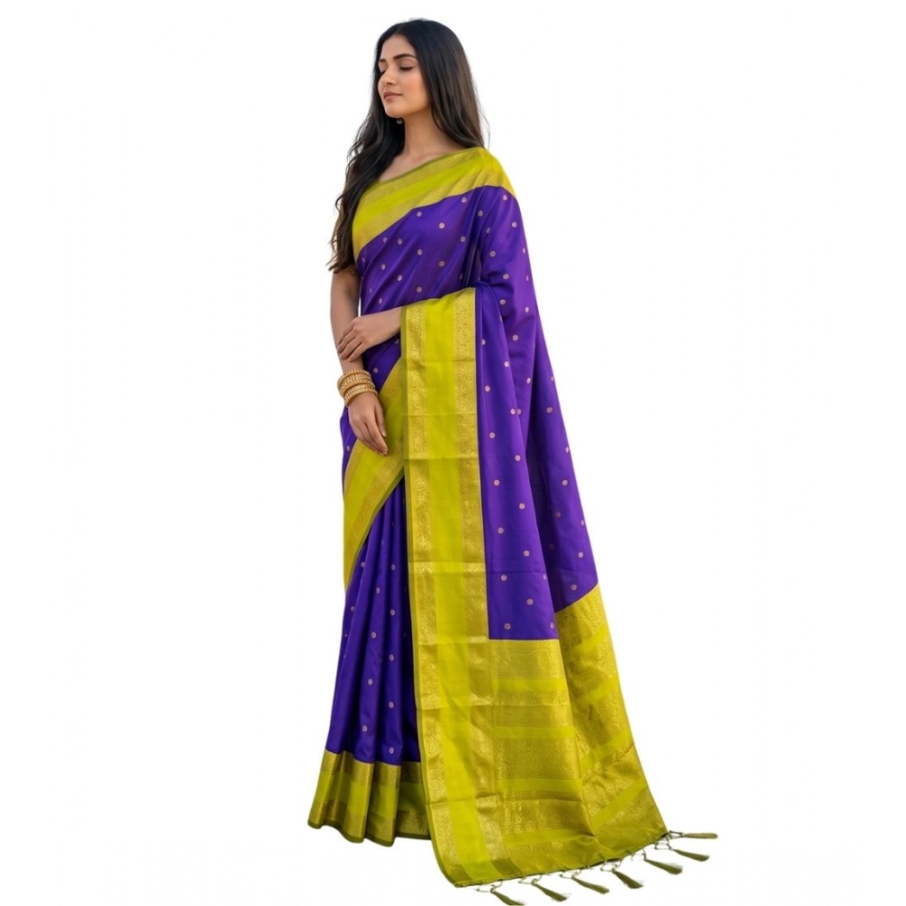 Women's Silk Blend Printed Saree With Unstitched Blouse 5.5Mtr (Purple-Green) - Image 2