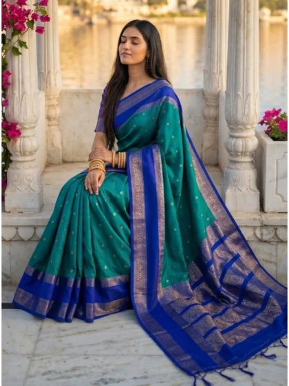 Women's Silk Blend Printed Saree With Unstitched Blouse 5.5Mtr (Teal-Blue)