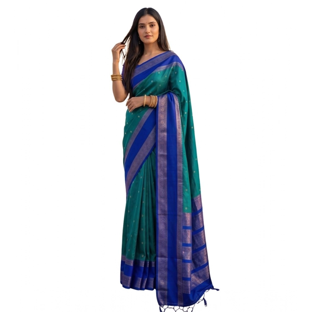 Women's Silk Blend Printed Saree With Unstitched Blouse 5.5Mtr (Teal-Blue) - Image 2