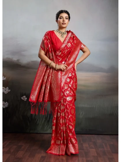 Women's Silk Blend Printed Saree With Unstitched Blouse 5.5Mtr (Red)
