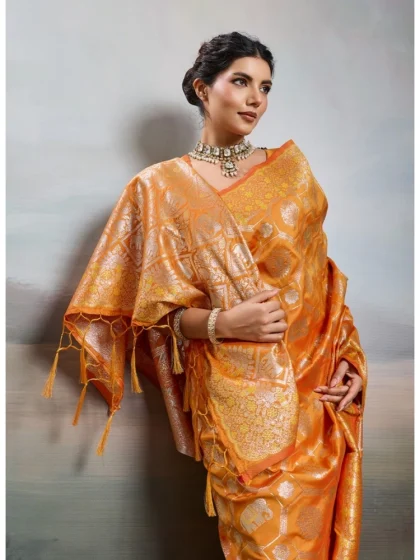 Women's Silk Blend Printed Saree With Unstitched Blouse 5.5Mtr (Orange)