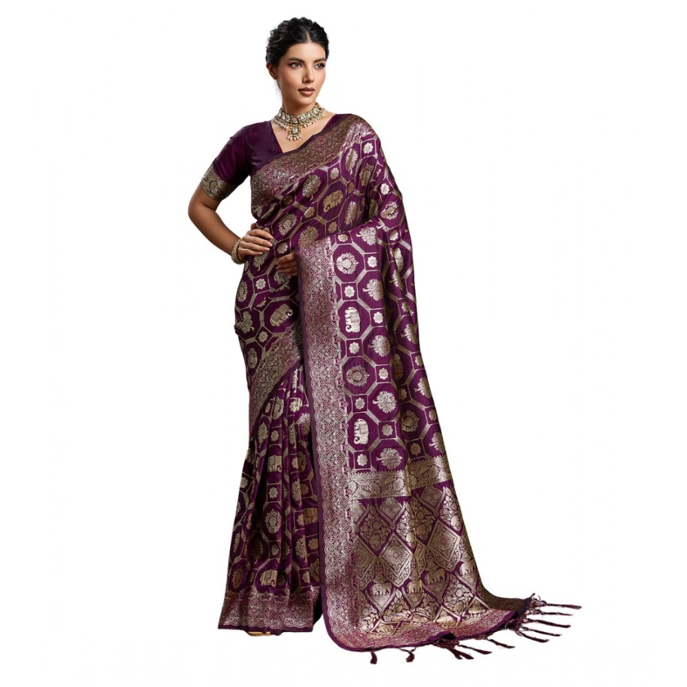 Women's Silk Blend Printed Saree With Unstitched Blouse 5.5Mtr (Wine) - Image 2