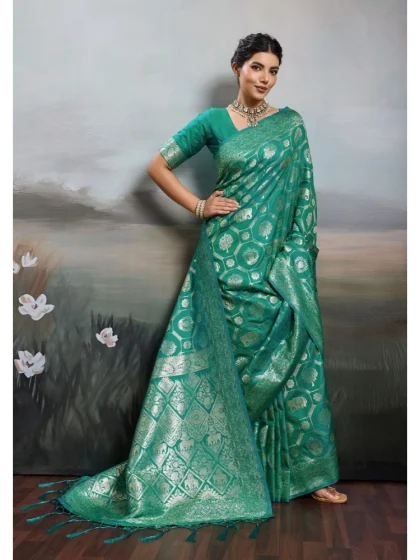 Women's Silk Blend Printed Saree With Unstitched Blouse 5.5Mtr (Rama Green)