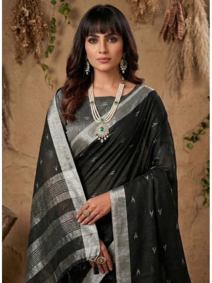Women's Linen Cotton Printed Saree With Unstitched Blouse 5.5Mtr (Black)