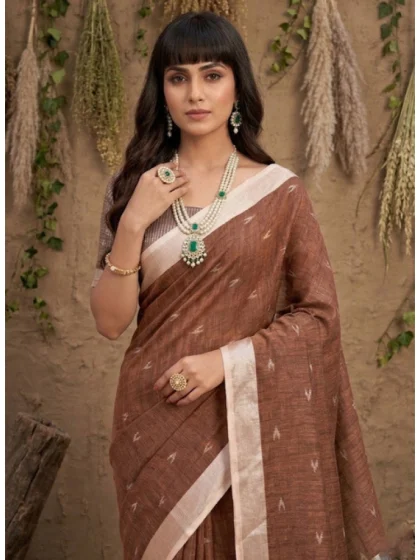 Women's Linen Cotton Printed Saree With Unstitched Blouse 5.5Mtr (Brown)