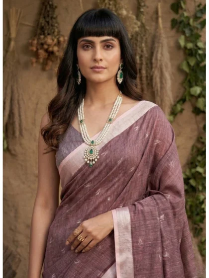 Women's Linen Cotton Printed Saree With Unstitched Blouse 5.5Mtr (Purple)