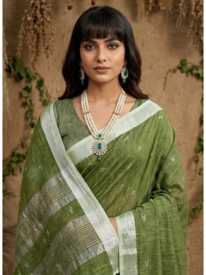 Women's Linen Cotton Printed Saree With Unstitched Blouse 5.5Mtr (Green)