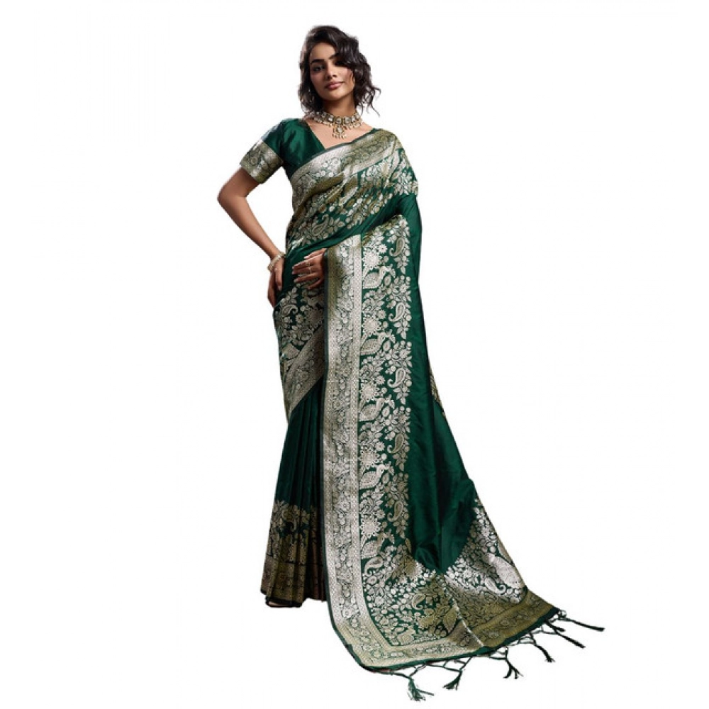 Women's Silk Blend Printed Saree With Unstitched Blouse 5.5Mtr (Dark Green) - Image 2