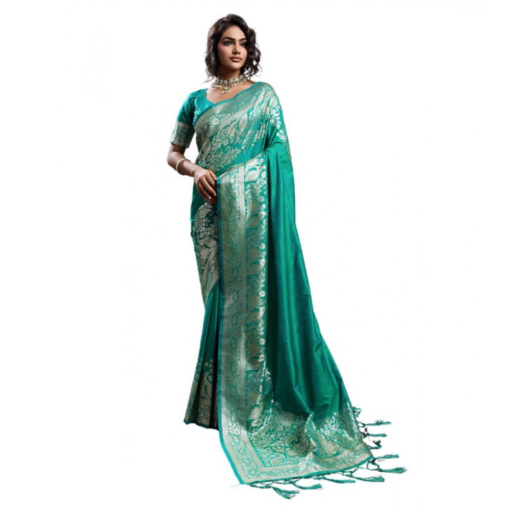 Women's Silk Blend Printed Saree With Unstitched Blouse 5.5Mtr (Teal Green) - Image 2