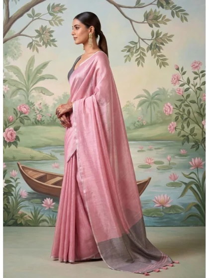 Women's Tissue Silk Solid Saree With Unstitched Blouse 5.5Mtr (Baby Pink)