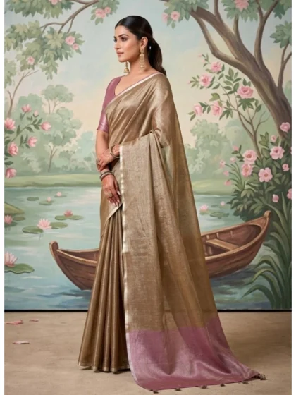 Women's Tissue Silk Solid Saree With Unstitched Blouse 5.5Mtr (Brown)
