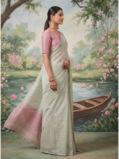 Women's Tissue Silk Solid Saree With Unstitched Blouse 5.5Mtr (Silver)