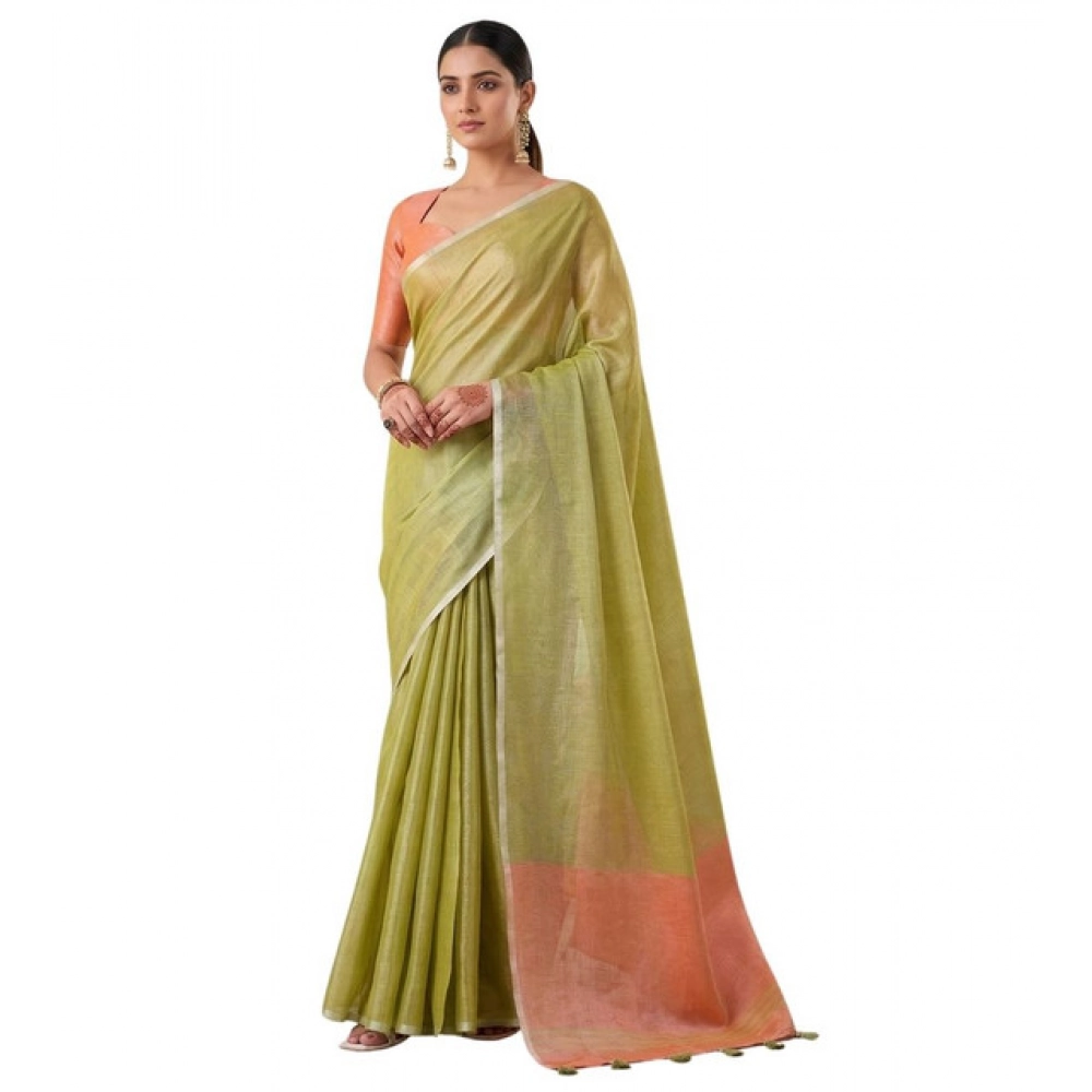 Women's Tissue Silk Solid Saree With Unstitched Blouse 5.5Mtr (Green) - Image 2