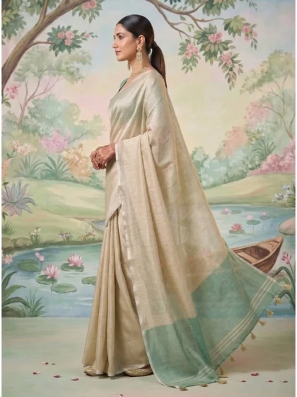 Women's Tissue Silk Solid Saree With Unstitched Blouse 5.5Mtr (Beige)