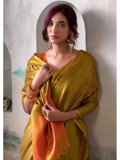 Women's Tissue Silk Solid Saree With Unstitched Blouse 5.5Mtr (Mustard)