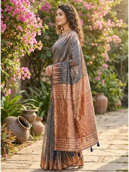 Women's Linen Cotton Printed Saree With Unstitched Blouse 5.5Mtr (Grey)