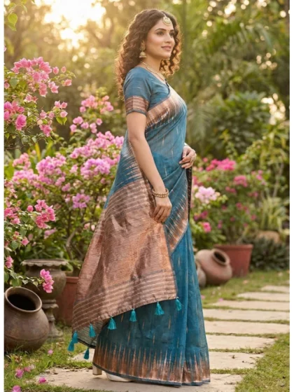 Women's Linen Cotton Printed Saree With Unstitched Blouse 5.5Mtr (Blue)