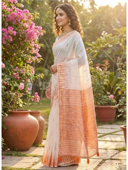Women's Linen Cotton Printed Saree With Unstitched Blouse 5.5Mtr (White)