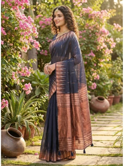 Women's Linen Cotton Printed Saree With Unstitched Blouse 5.5Mtr (Navy Blue)