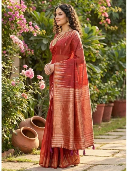 Women's Linen Cotton Printed Saree With Unstitched Blouse 5.5Mtr (Red)
