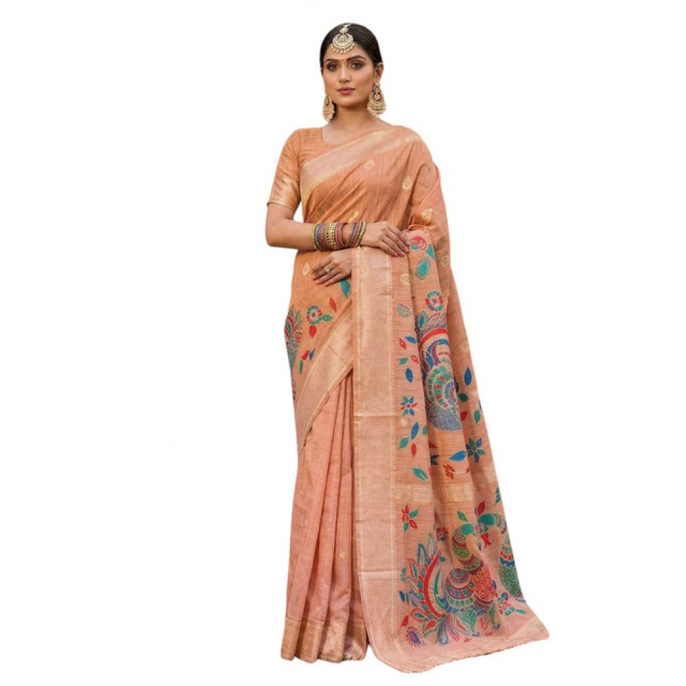 Women's Linen Cotton Floral Embroidered Saree With Unstitched Blouse 5.5Mtr (Peach) - Image 2
