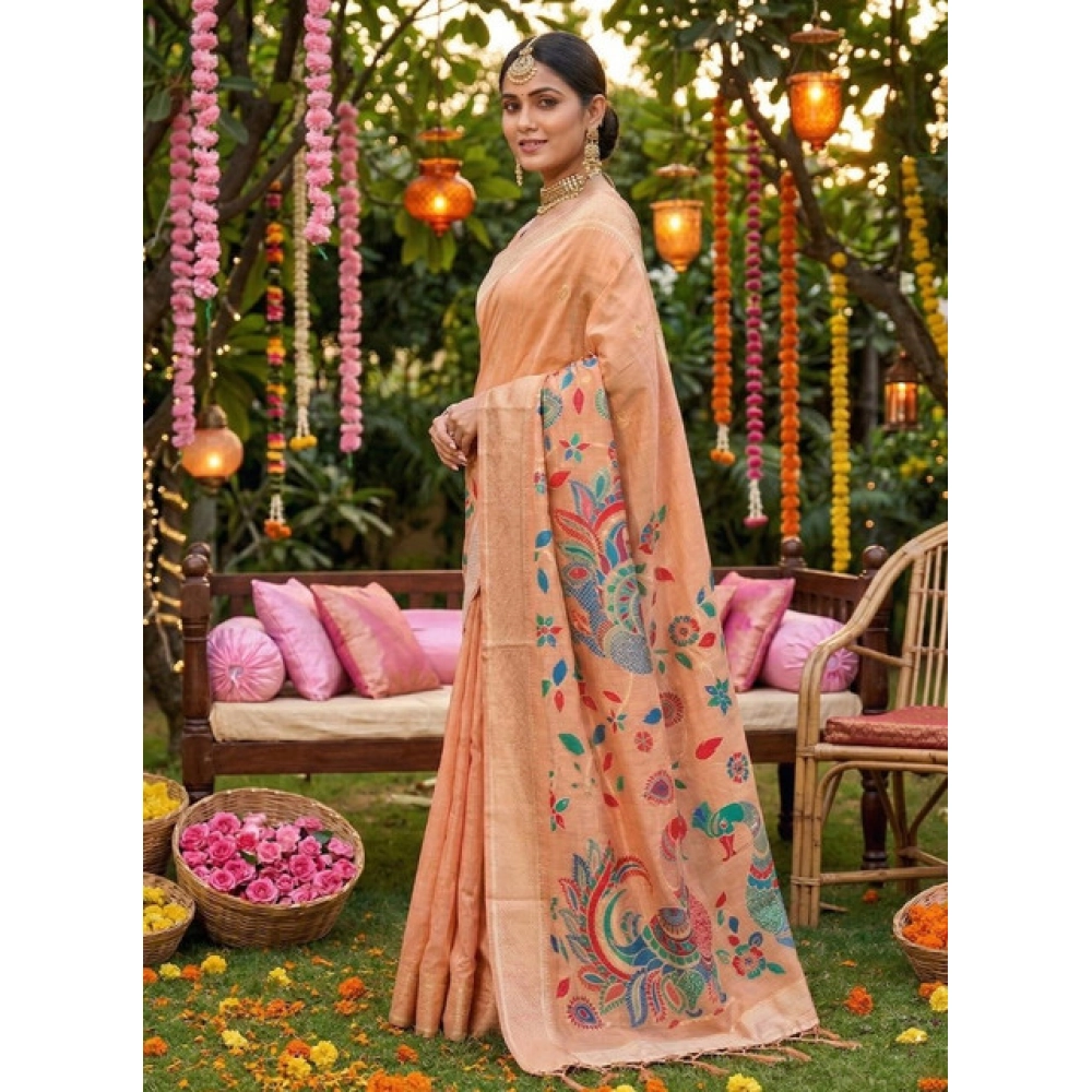 Women's Linen Cotton Floral Embroidered Saree With Unstitched Blouse 5.5Mtr (Peach) - Image 3