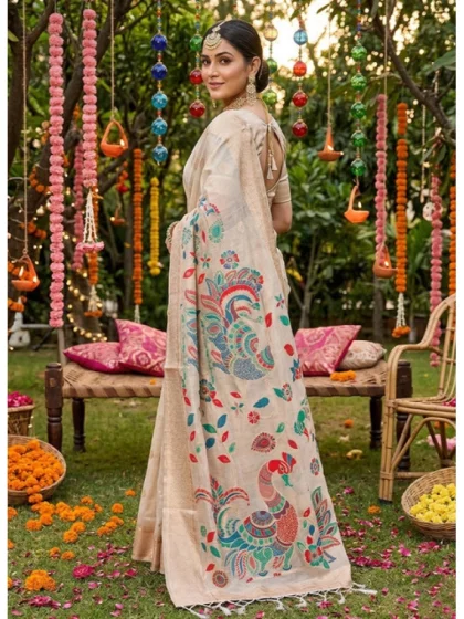 Women's Linen Cotton Floral Embroidered Saree With Unstitched Blouse 5.5Mtr (Cream)