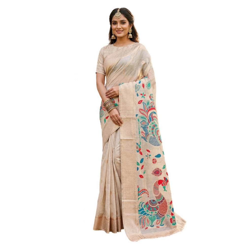 Women's Linen Cotton Floral Embroidered Saree With Unstitched Blouse 5.5Mtr (Cream) - Image 2